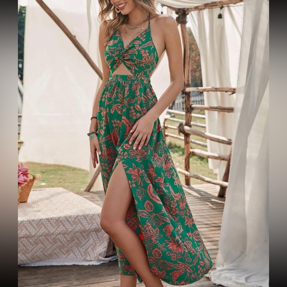 Boho Floral Print Slit Twisted Cut Out Front Tie Back Bow Halter Maxi Dress - Picture 3 of 12